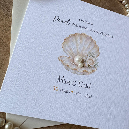 Personalised Pearl 30th Wedding Anniversary Card - Floral Seashell and Pearls