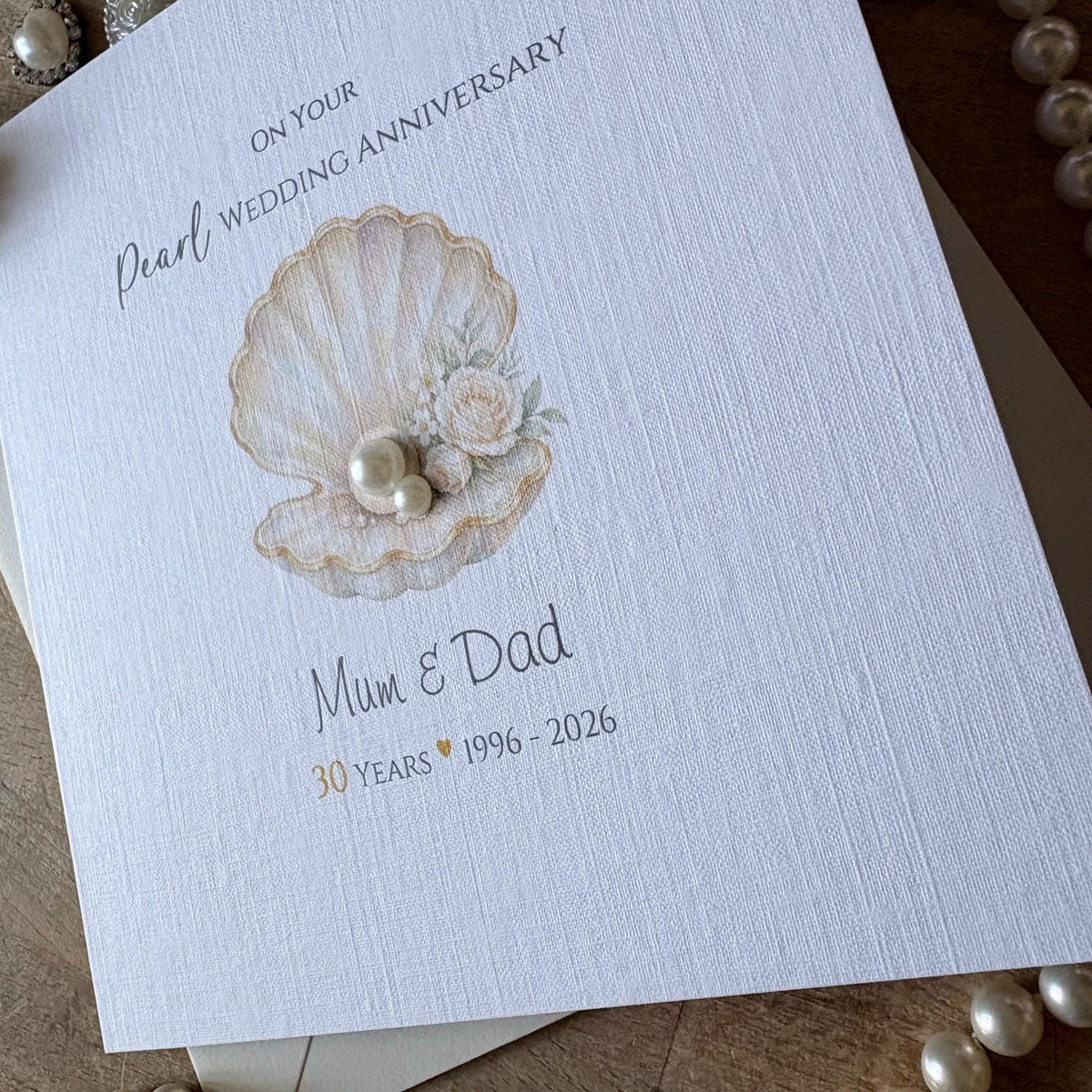 Personalised Pearl 30th Wedding Anniversary Card - Floral Seashell and Pearls