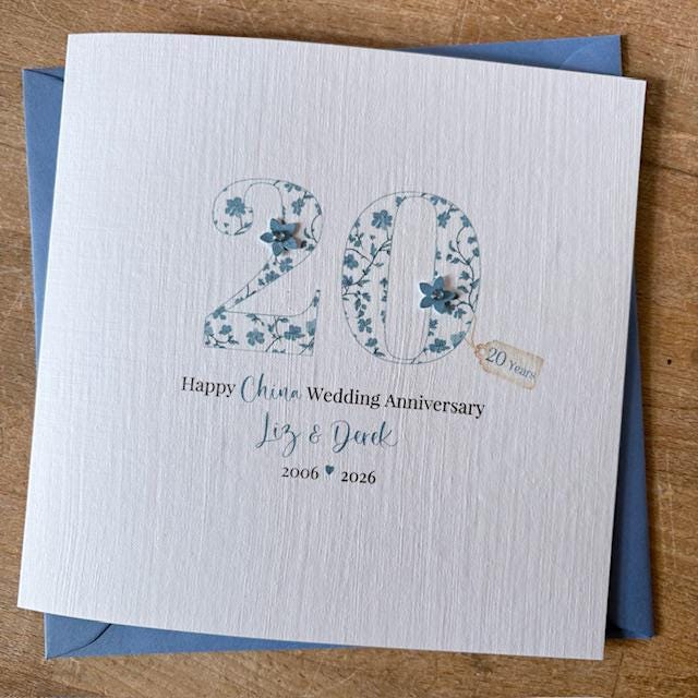 Personalised 20th Wedding Anniversary Card - China Blue Floral Number