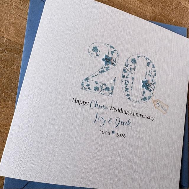 Personalised 20th Wedding Anniversary Card - China Blue Floral Number