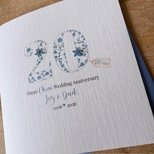 Personalised 20th Wedding Anniversary Card - China Blue Floral Number
