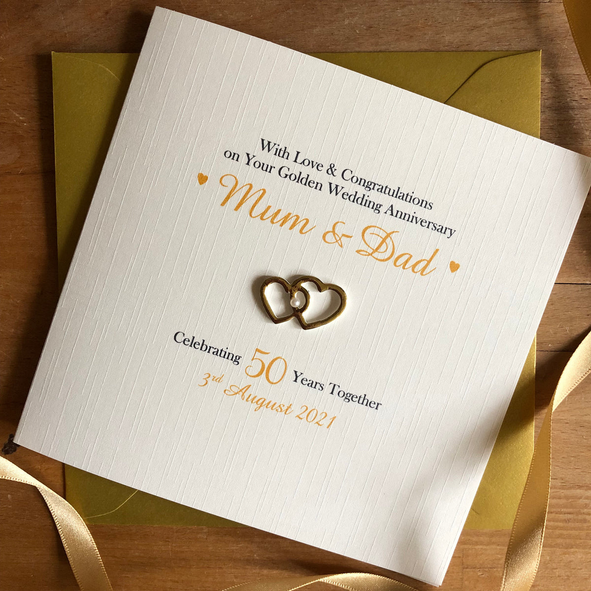 Personalised Golden 50th Anniversary Card - Pearl Centre Hearts - photo 1