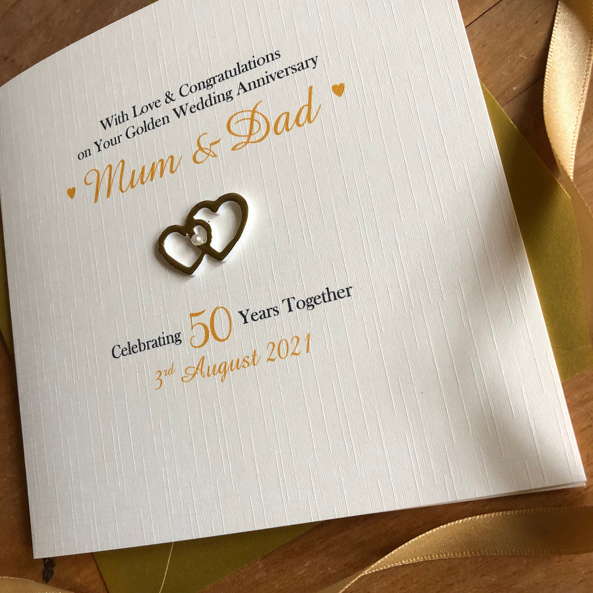 Personalised Golden 50th Anniversary Card - Pearl Centre Hearts - photo 2