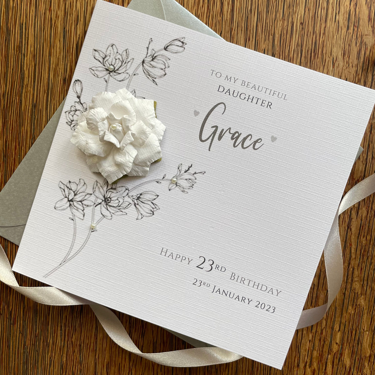Personalised Birthday Card - Large White Flower & Pearls - photo 1
