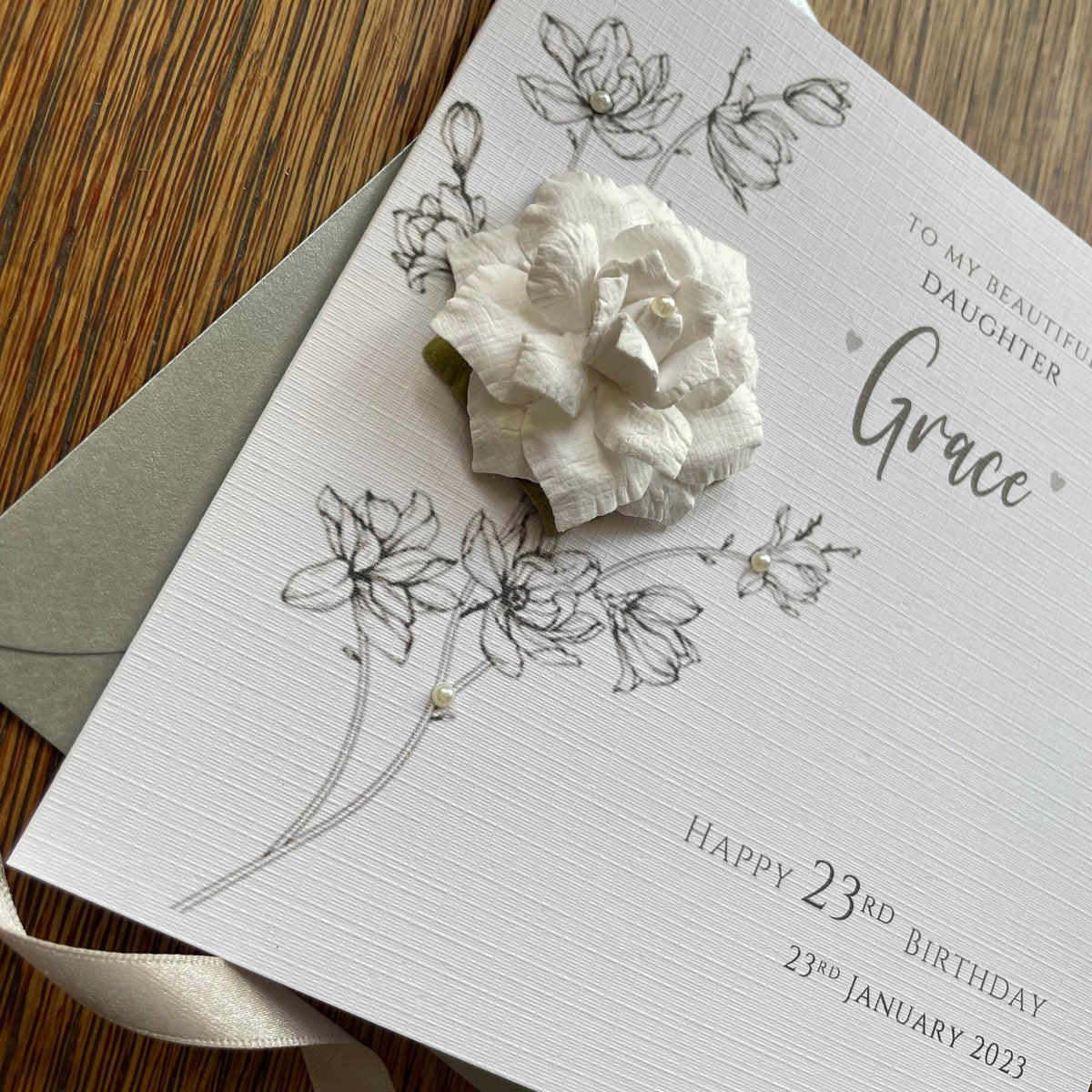 Personalised Birthday Card - Large White Flower & Pearls - photo 2
