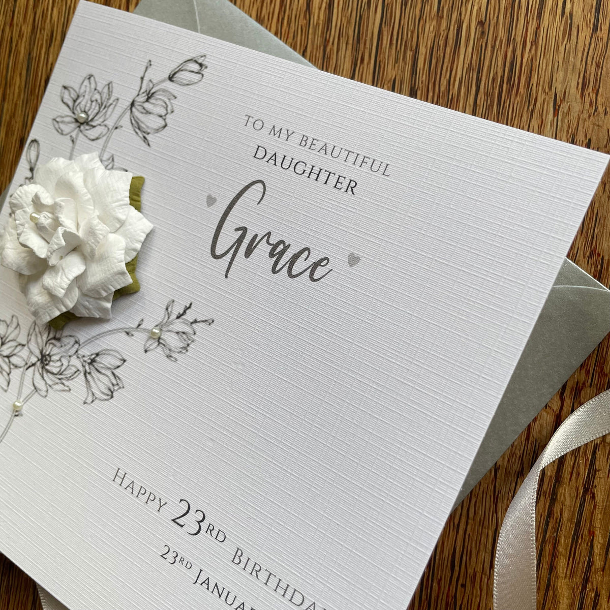 Personalised Birthday Card - Large White Flower & Pearls - photo 4