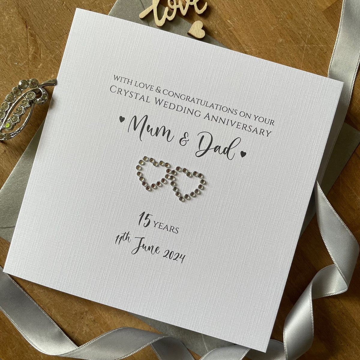 Personalised Crystal 15th Anniversary Card - Two Crystal Hearts - photo 1