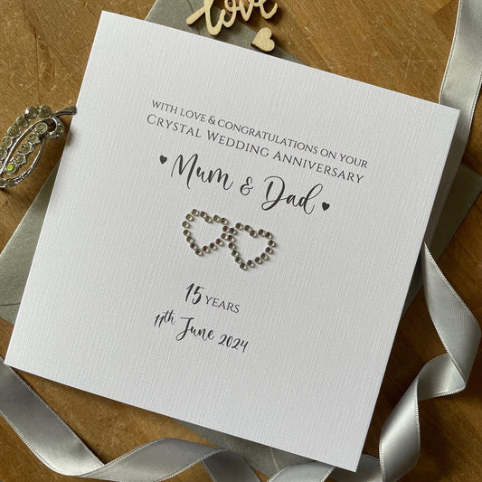 Personalised Crystal 15th Anniversary Card - Two Crystal Hearts - photo 1