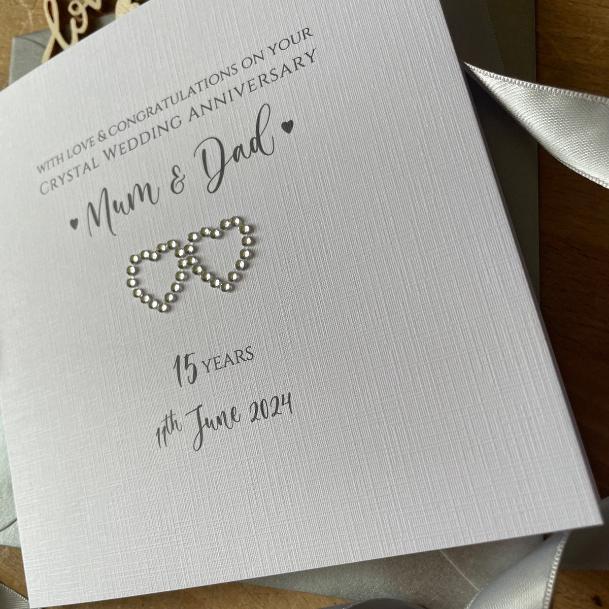 Personalised Crystal 15th Anniversary Card - Two Crystal Hearts - photo 2