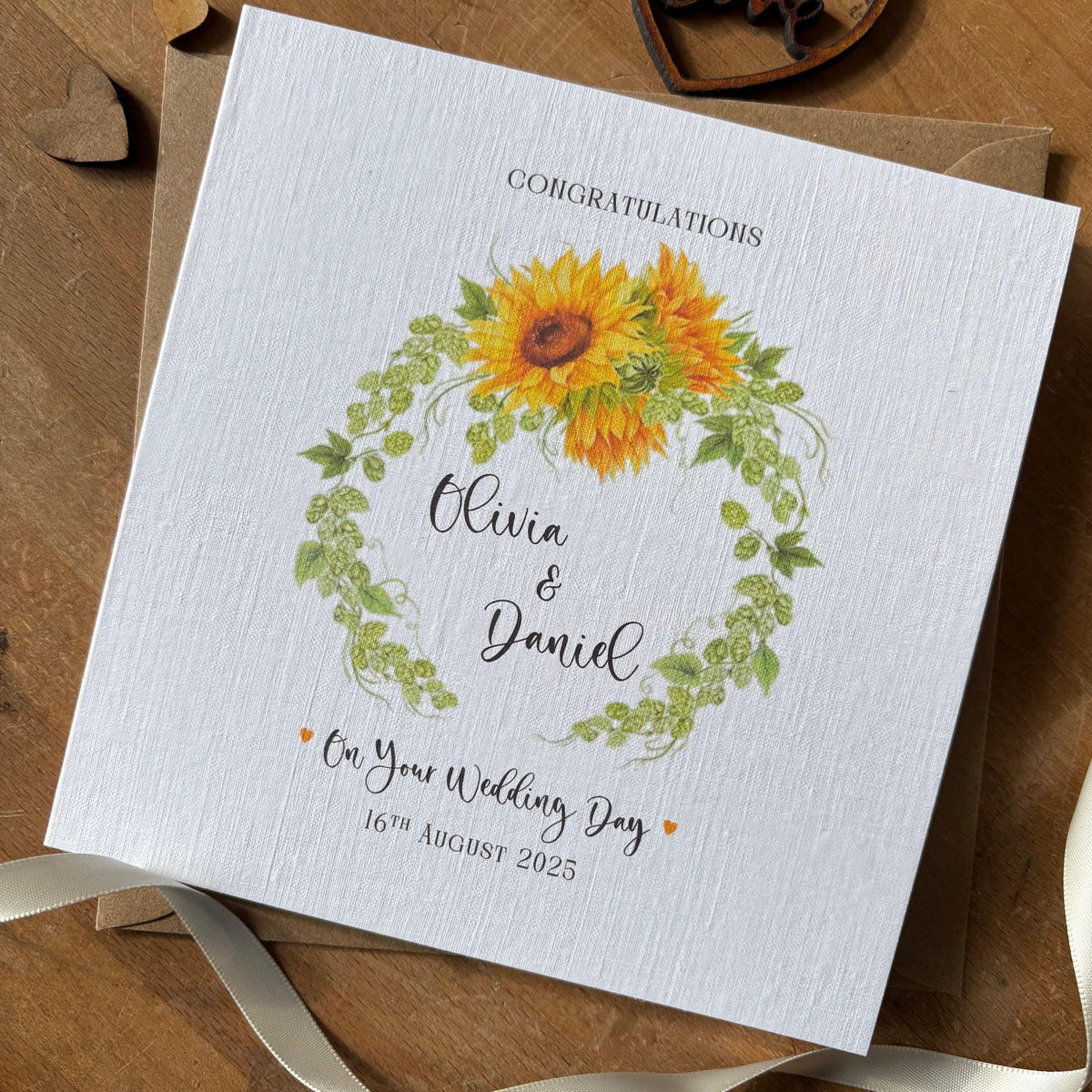 Personalised Wedding Day Card - Sunflower & Hop Wreath - photo 1