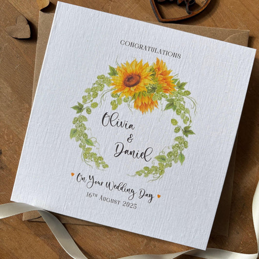 Personalised Wedding Day Card - Sunflower & Hop Wreath - photo 1
