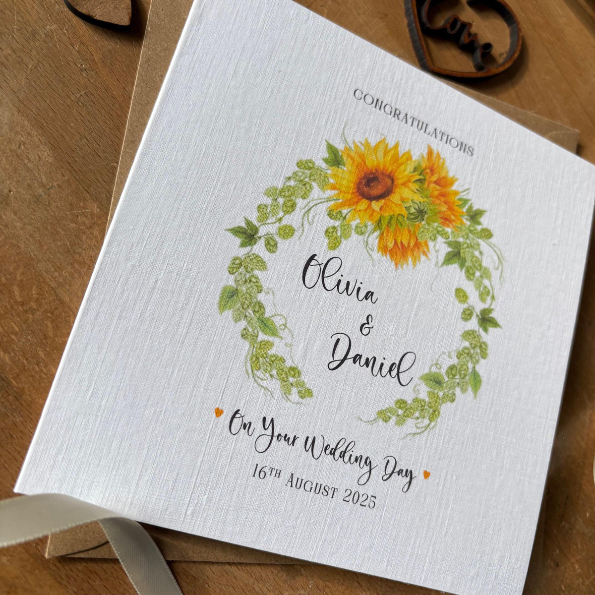 Personalised Wedding Day Card - Sunflower & Hop Wreath - photo 2