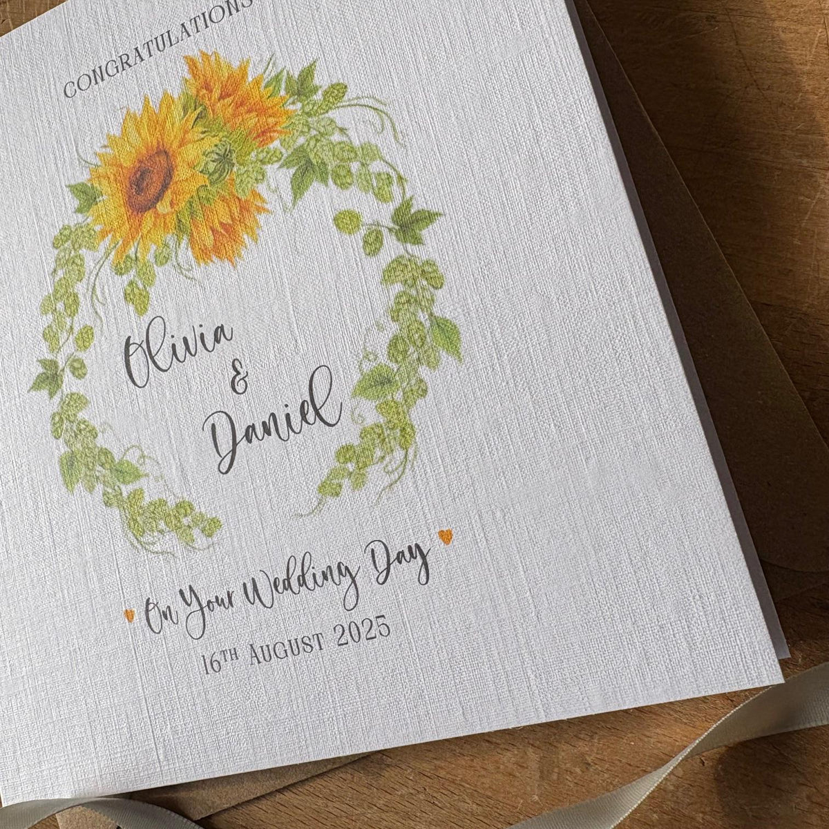 Personalised Wedding Day Card - Sunflower & Hop Wreath - photo 3