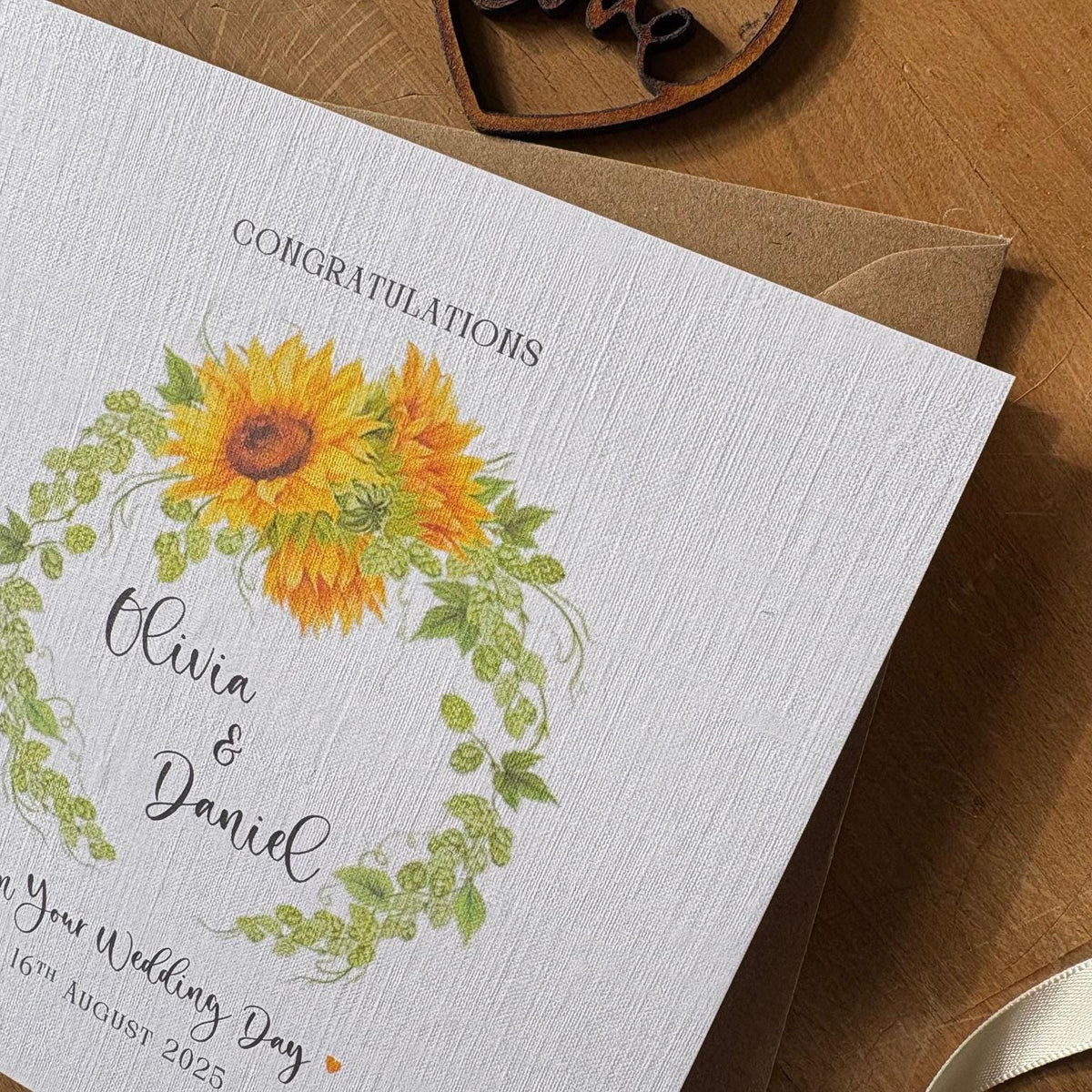 Personalised Wedding Day Card - Sunflower & Hop Wreath - photo 4