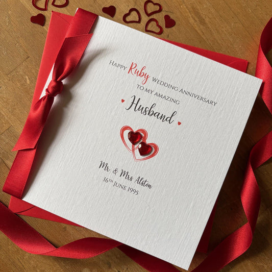 Personalised Ruby 40th Anniversary Card - Crystal Hearts & Ribbon - photo 1