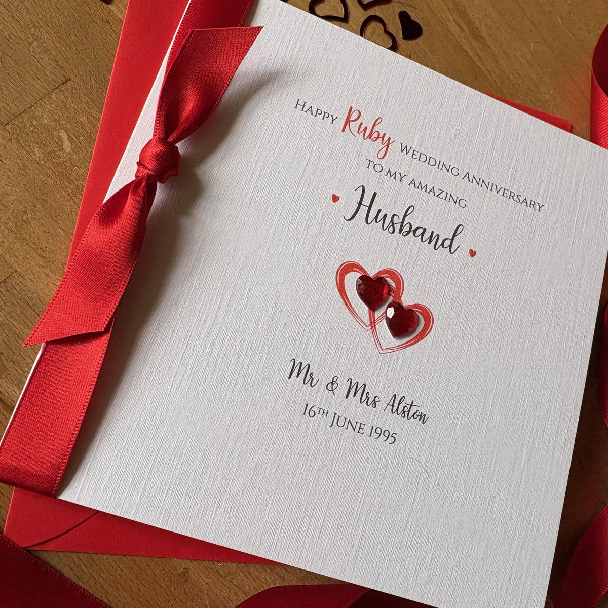 Personalised Ruby 40th Anniversary Card - Crystal Hearts & Ribbon - photo 2