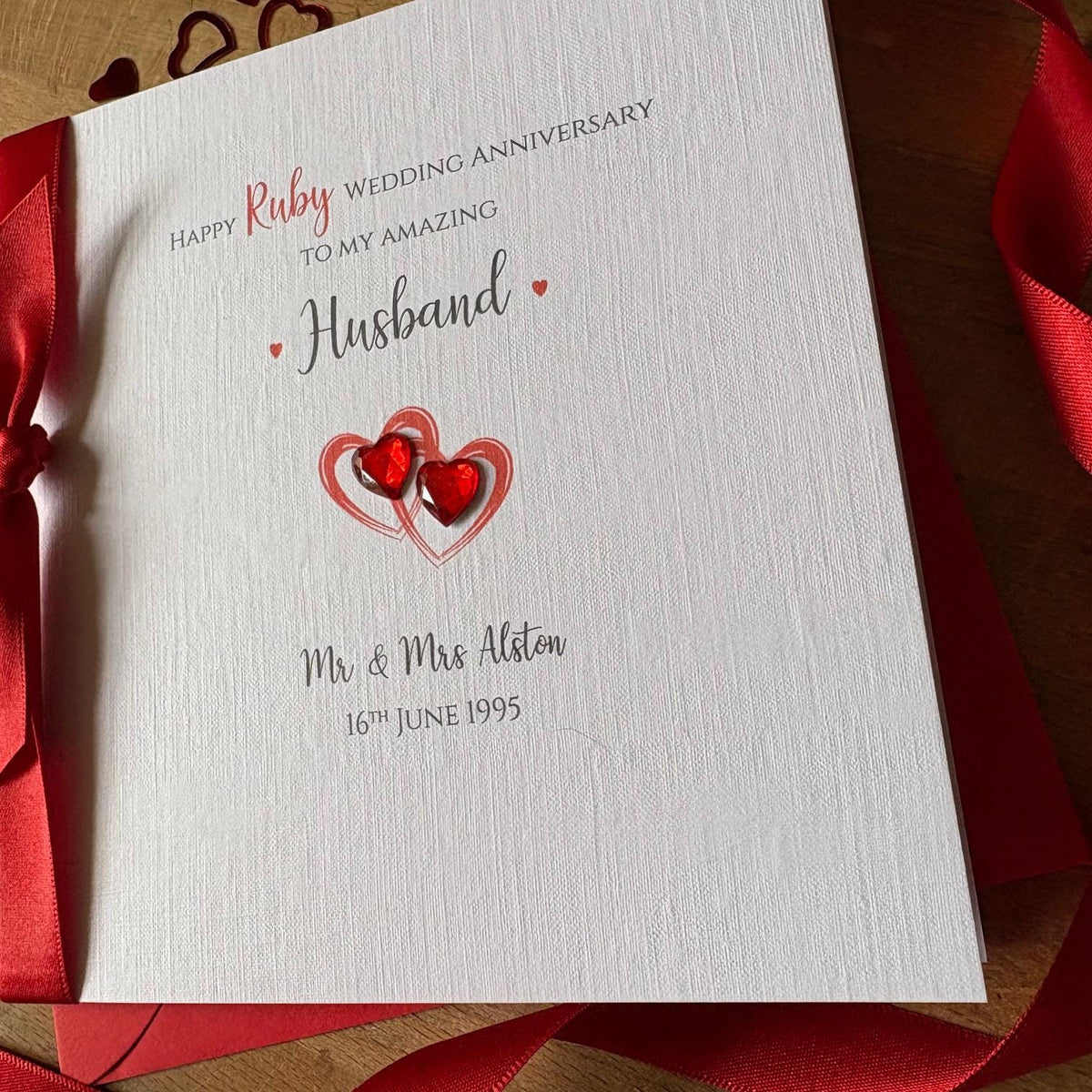 Personalised Ruby 40th Anniversary Card - Crystal Hearts & Ribbon - photo 3