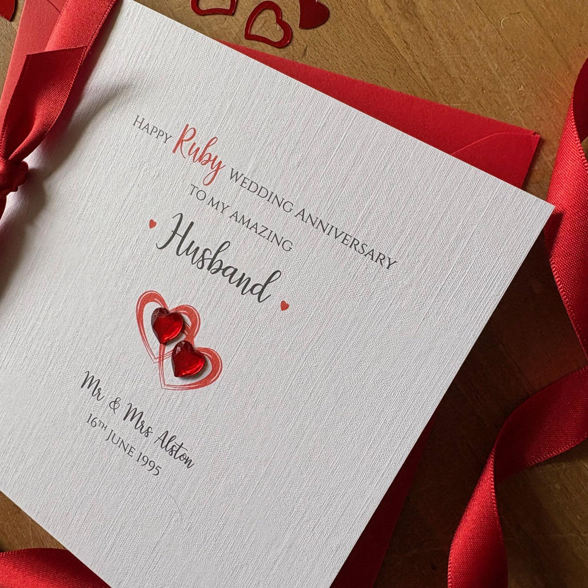 Personalised Ruby 40th Anniversary Card - Crystal Hearts & Ribbon - photo 4