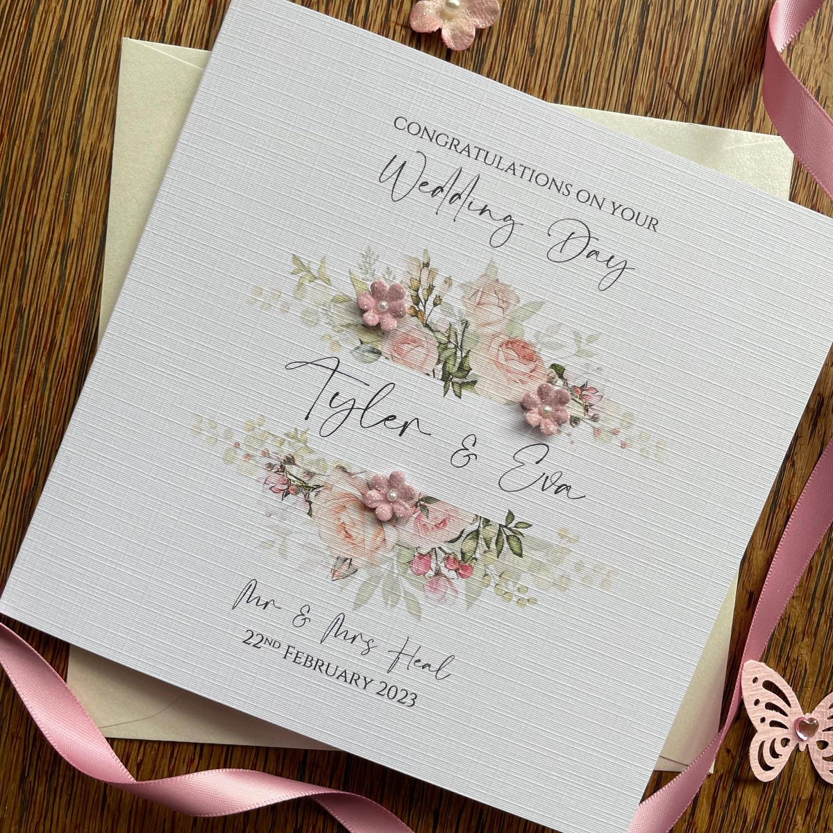 Personalised Wedding Day Card - Dusty Pink Floral Frame - photo 1