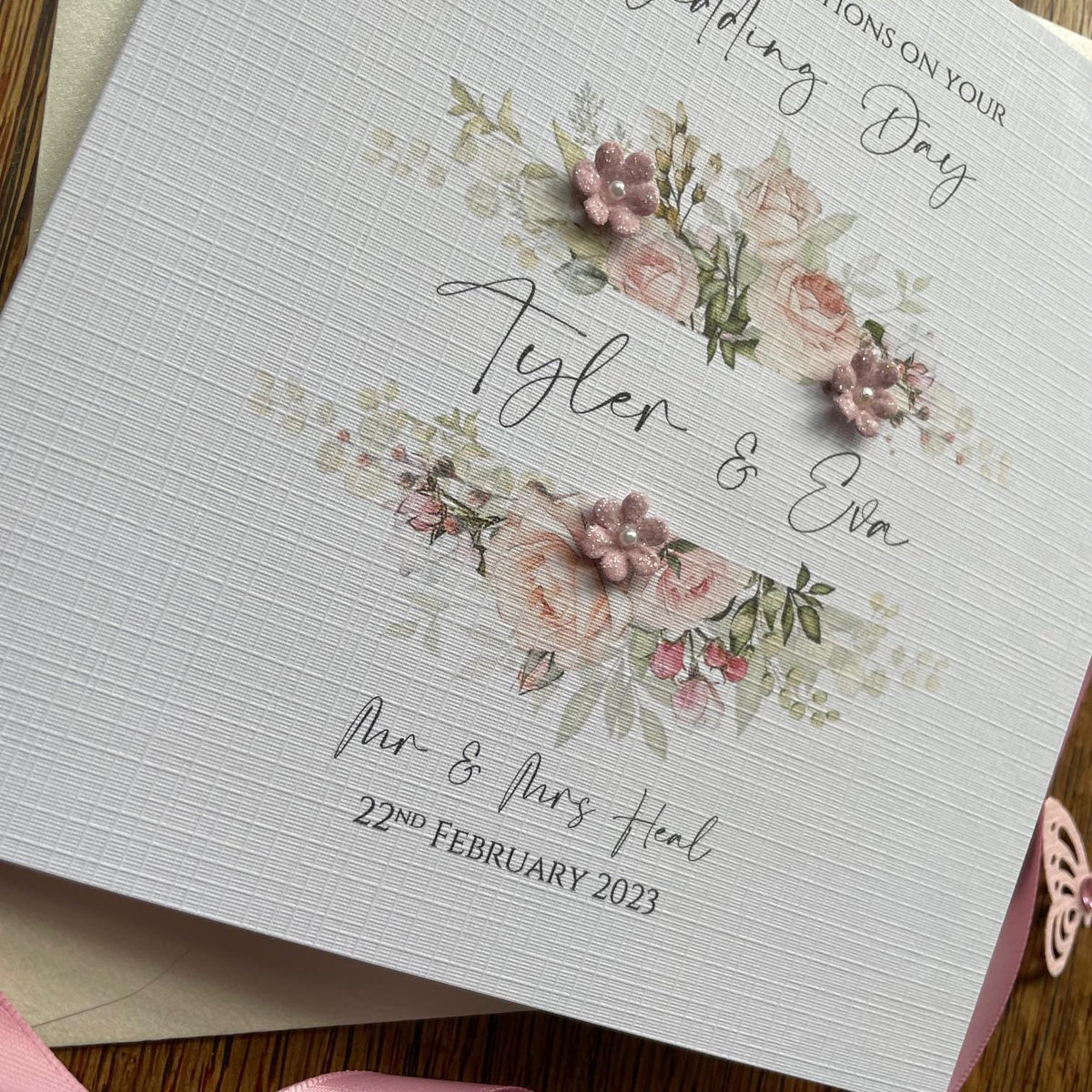 Personalised Wedding Day Card - Dusty Pink Floral Frame - photo 2