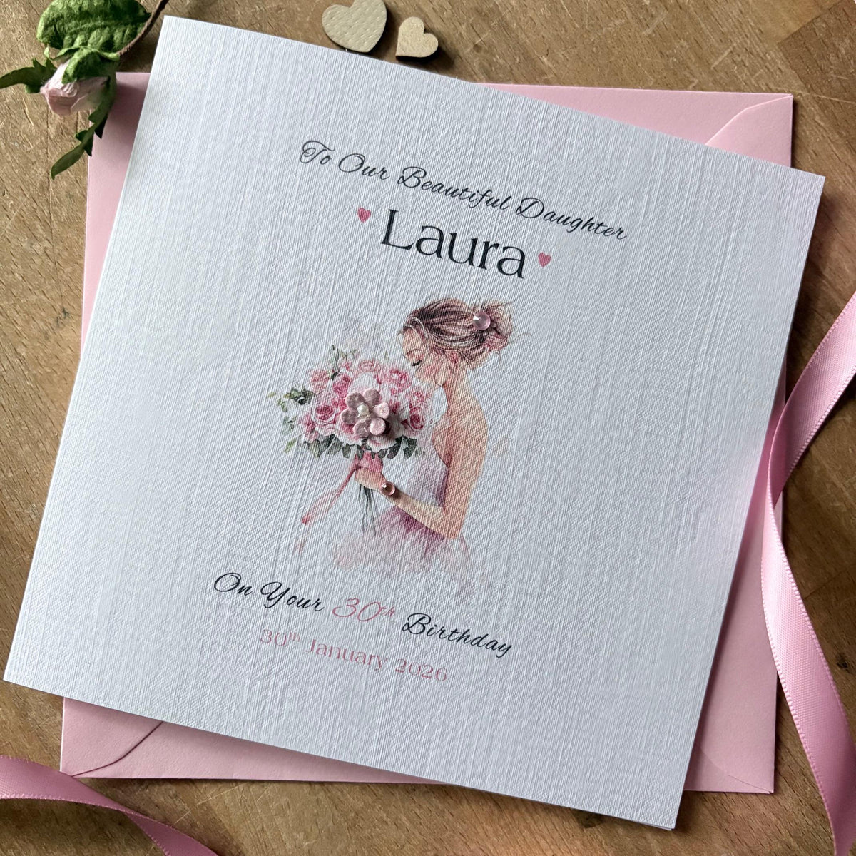 Personalised Birthday Card - Pink Dress & Flower Bouquet - photo 1