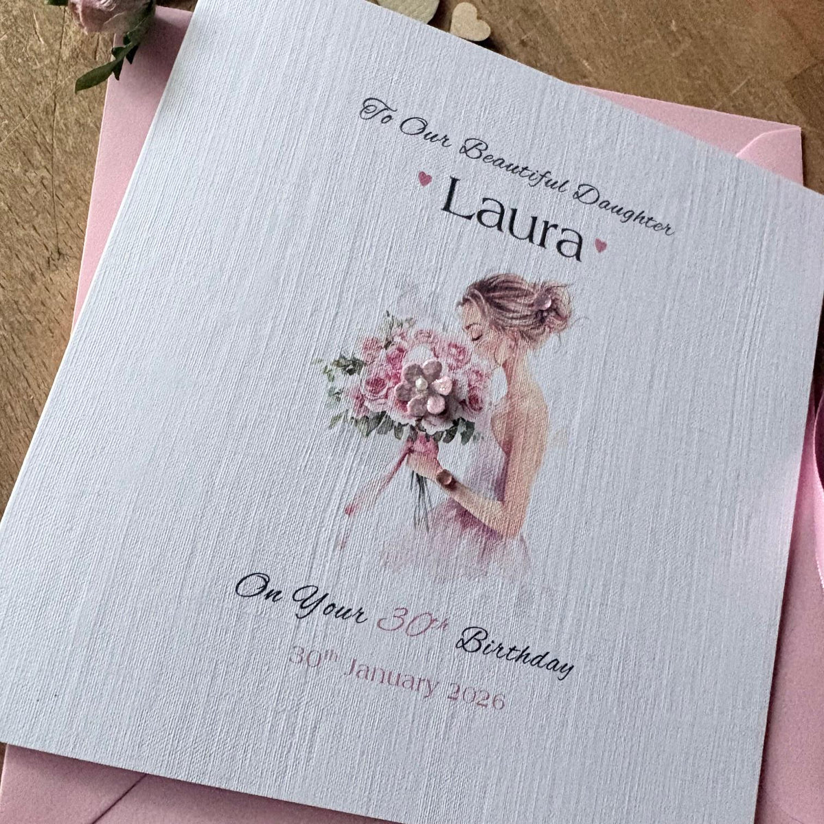Personalised Birthday Card - Pink Dress & Flower Bouquet - photo 2