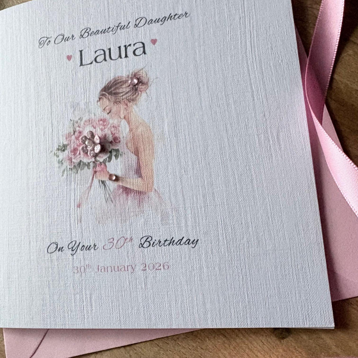 Personalised Birthday Card - Pink Dress & Flower Bouquet - photo 3