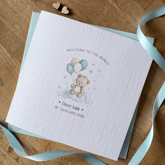 Personalised New Baby Boy Card - Bear & Balloons - photo 1