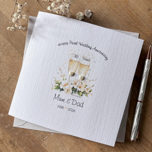 Personalised Pearl 30th Anniversary Card - Floral Champagne Glasses - photo 1