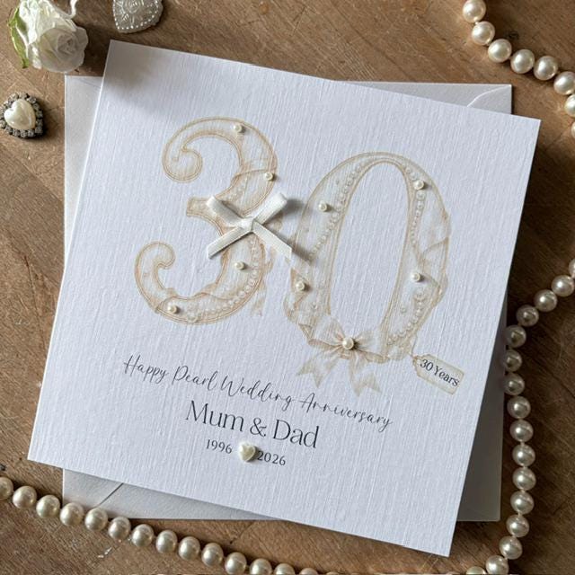 Personalised Pearl 30th Anniversary Card - Pearl Number & Bow - photo 1