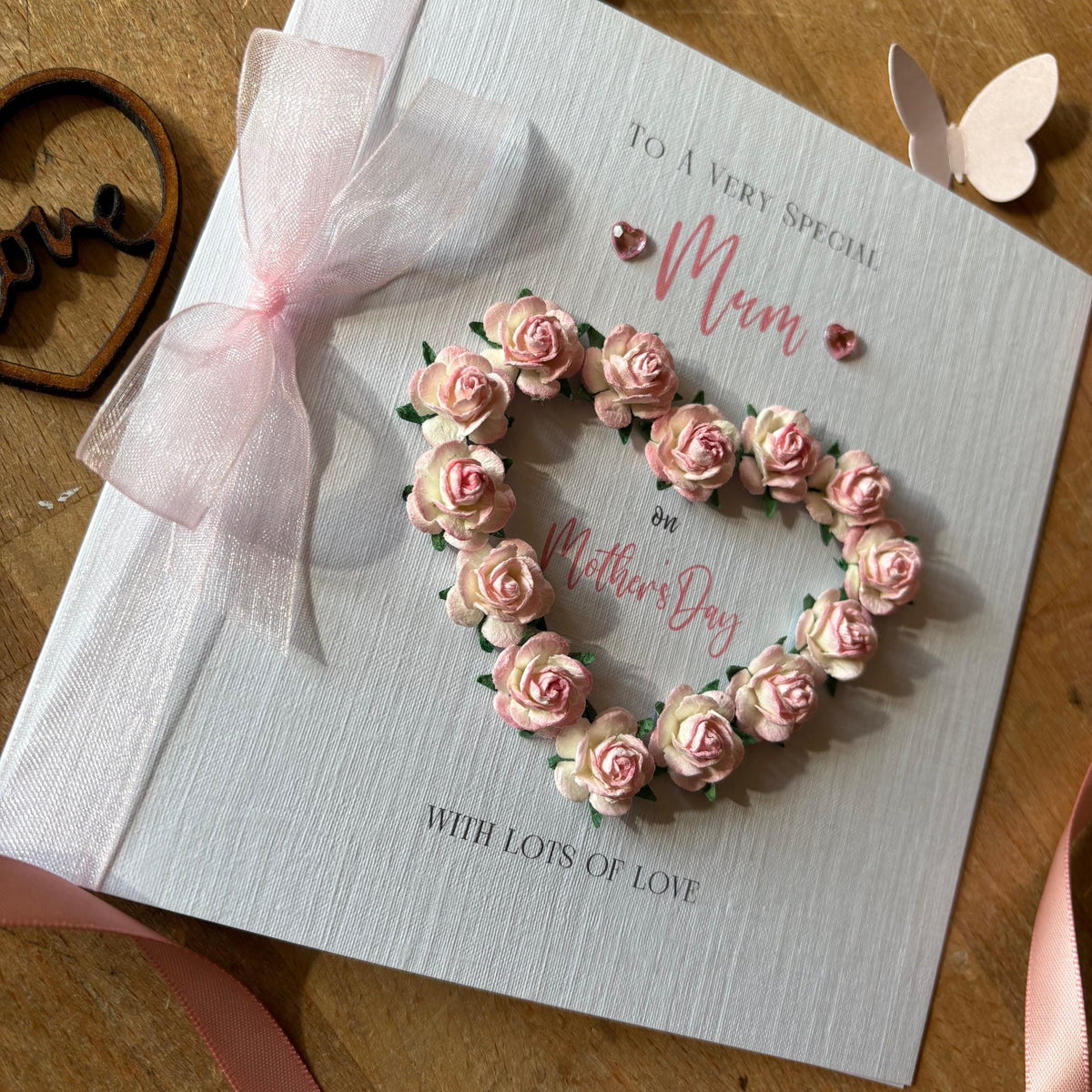 Personalised Mother’s Day Card - Pink Paper Rose Heart - photo 3