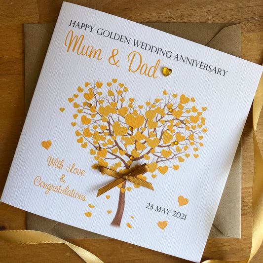 Personalised Golden 50th Anniversary Card - Gold Heart Tree - photo 1