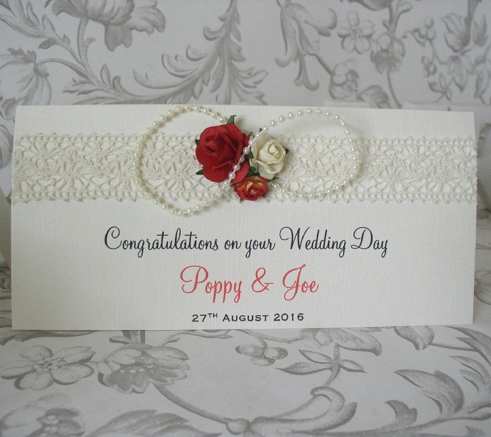 Personalised Wedding Day Money / Gift Wallet with Lace, Roses & Pearls