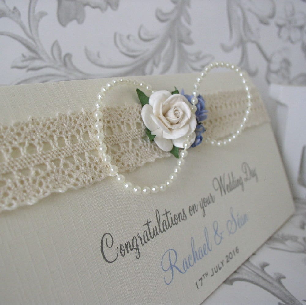 Personalised Wedding Day Money / Gift Wallet with Lace, Roses & Pearls