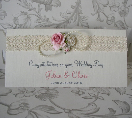 Personalised Wedding Day Money / Gift Wallet with Lace, Roses & Pearls
