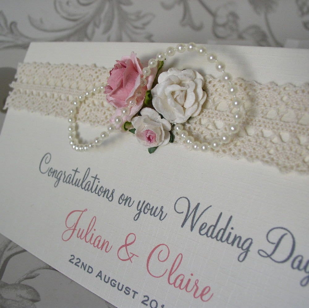 Personalised Wedding Day Money / Gift Wallet with Lace, Roses & Pearls