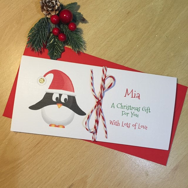 Personalised Christmas Penguin Money / Gift / Voucher Wallet - Money Wallet with Ribbon Tie