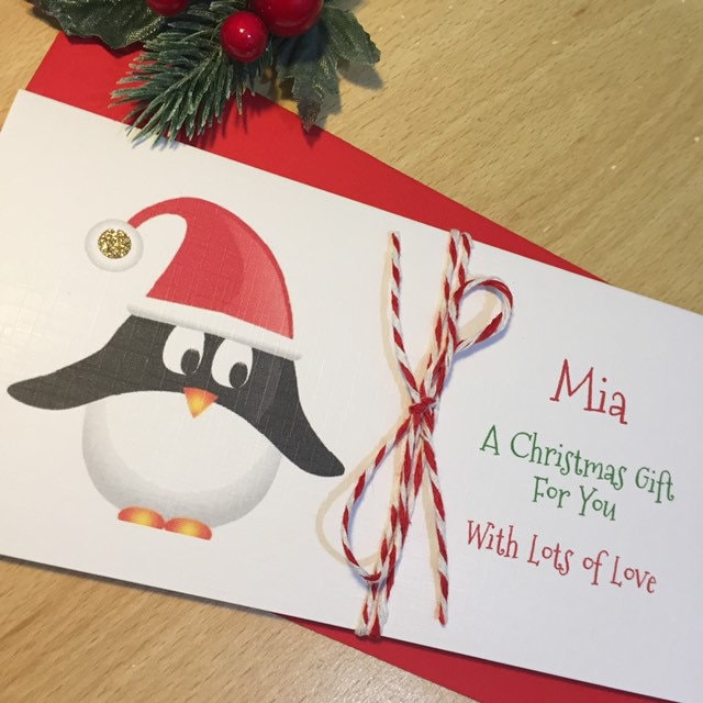 Personalised Christmas Penguin Money / Gift / Voucher Wallet - Money Wallet with Ribbon Tie
