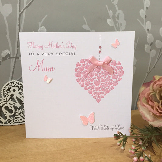 Personalised Mother's Day Card - Heart of Hearts and Glitter Butterflies  - Pink