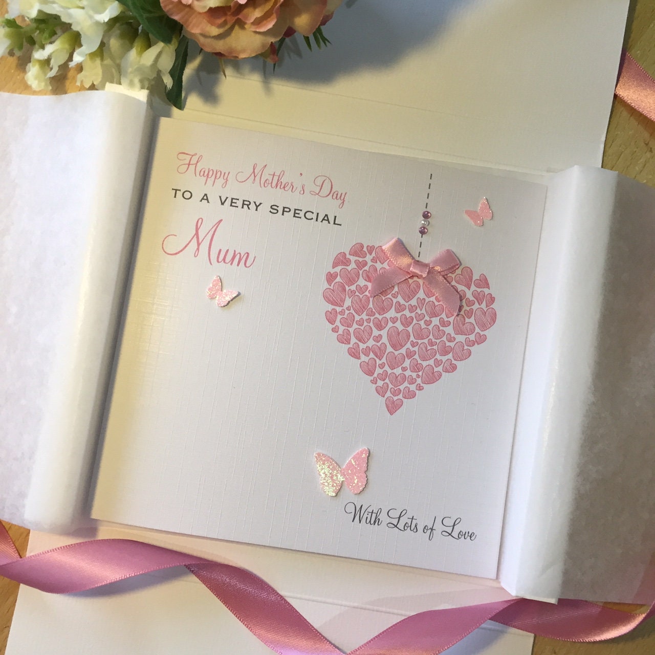 Personalised Mother's Day Card - Heart of Hearts and Glitter Butterflies  - Pink