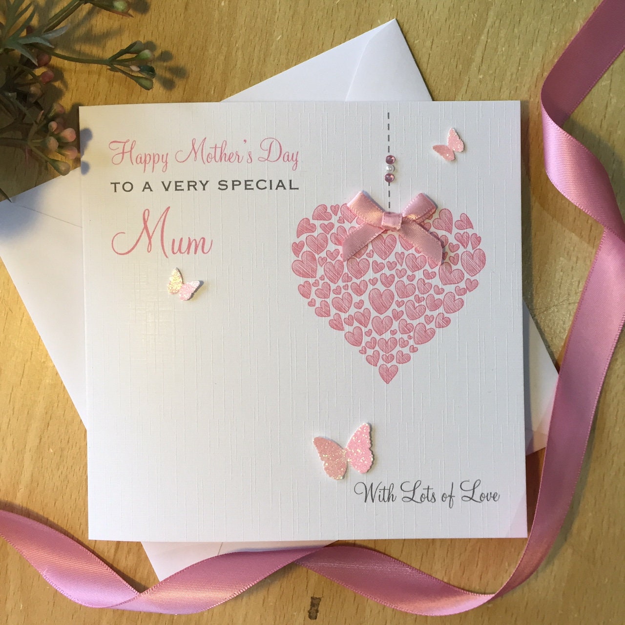 Personalised Mother's Day Card - Heart of Hearts and Glitter Butterflies  - Pink