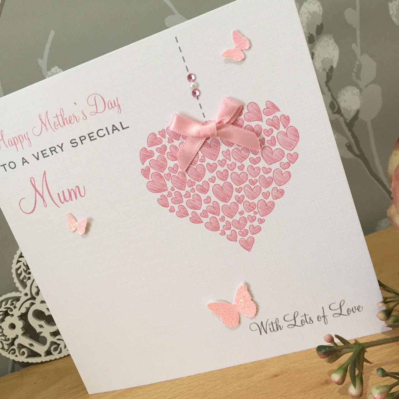 Personalised Mother's Day Card - Heart of Hearts and Glitter Butterflies  - Pink