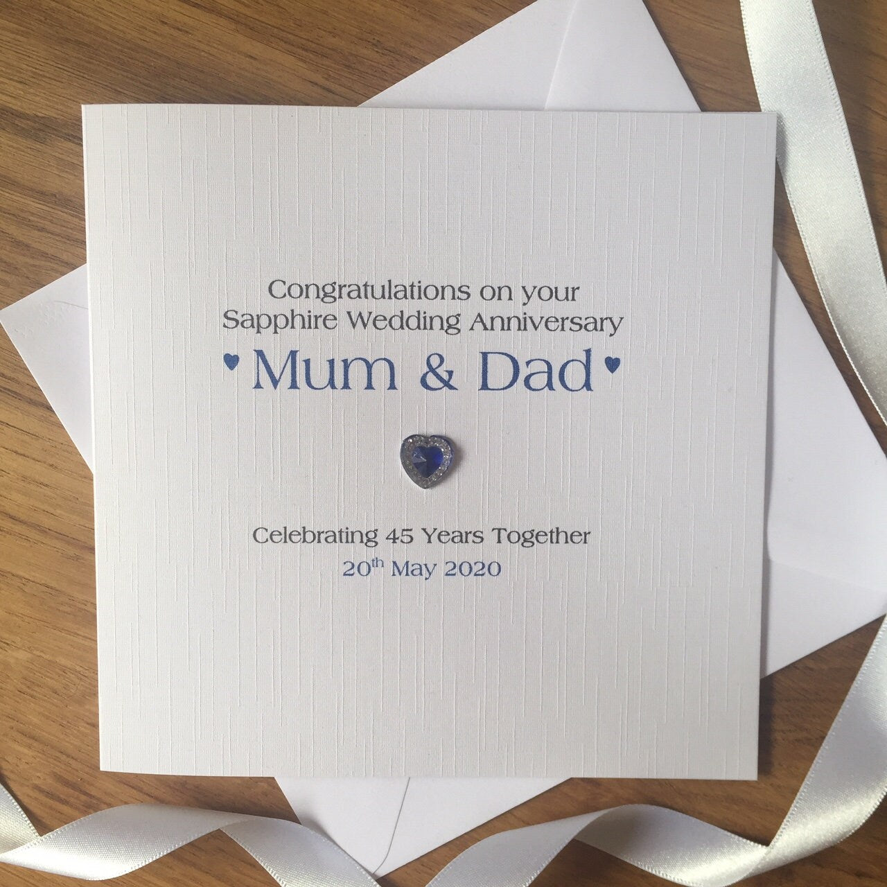 Sapphire 45th 65th Wedding Anniversary Card - Crystal Heart - Personalised Card