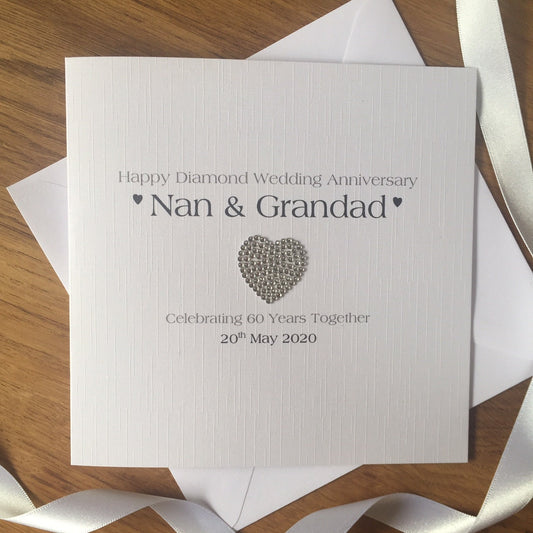 Personalised Diamond 60th or Platinum 70th Wedding Anniversary Card - Diamante Heart