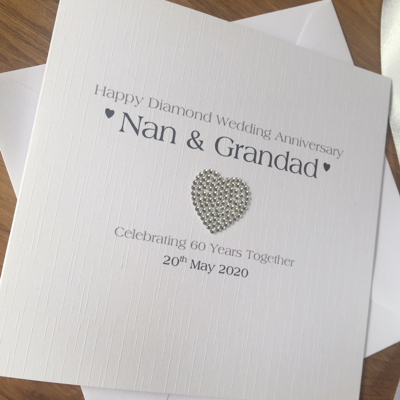 Personalised Diamond 60th or Platinum 70th Wedding Anniversary Card - Diamante Heart