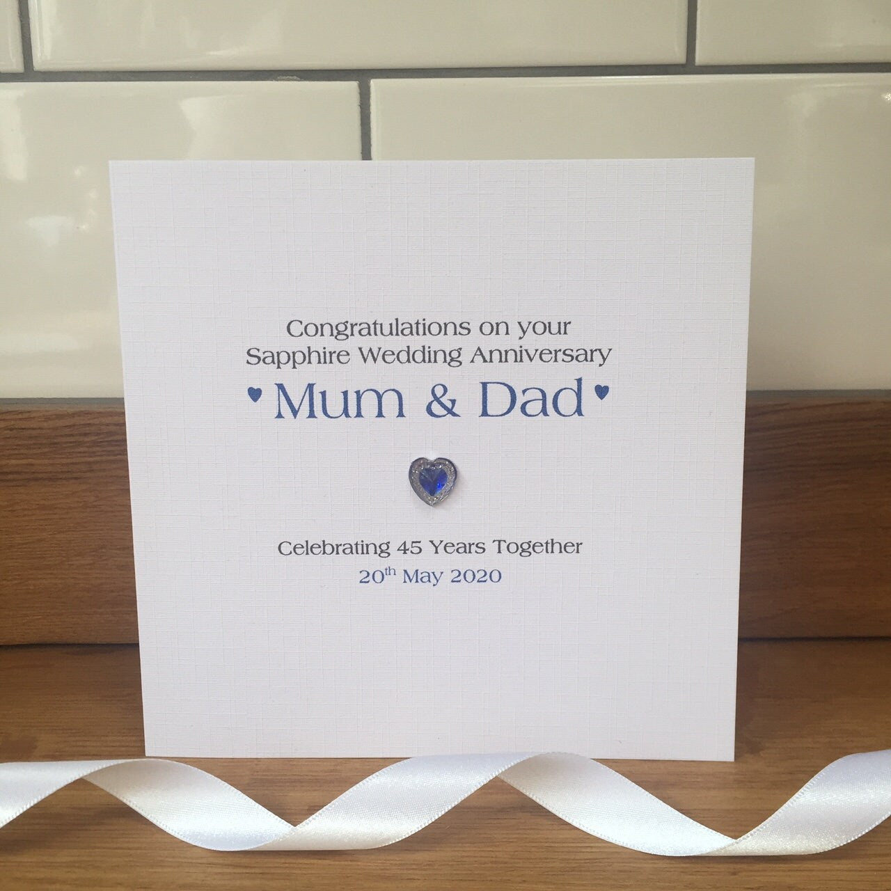 Sapphire 45th 65th Wedding Anniversary Card - Crystal Heart - Personalised Card