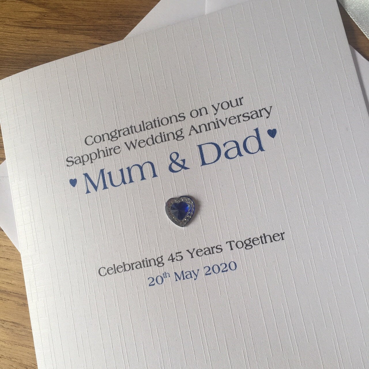 Sapphire 45th 65th Wedding Anniversary Card - Crystal Heart - Personalised Card