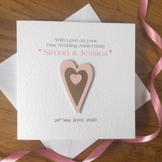 1st Wedding Anniversary Card, First Anniversary Paper - Layered Hearts