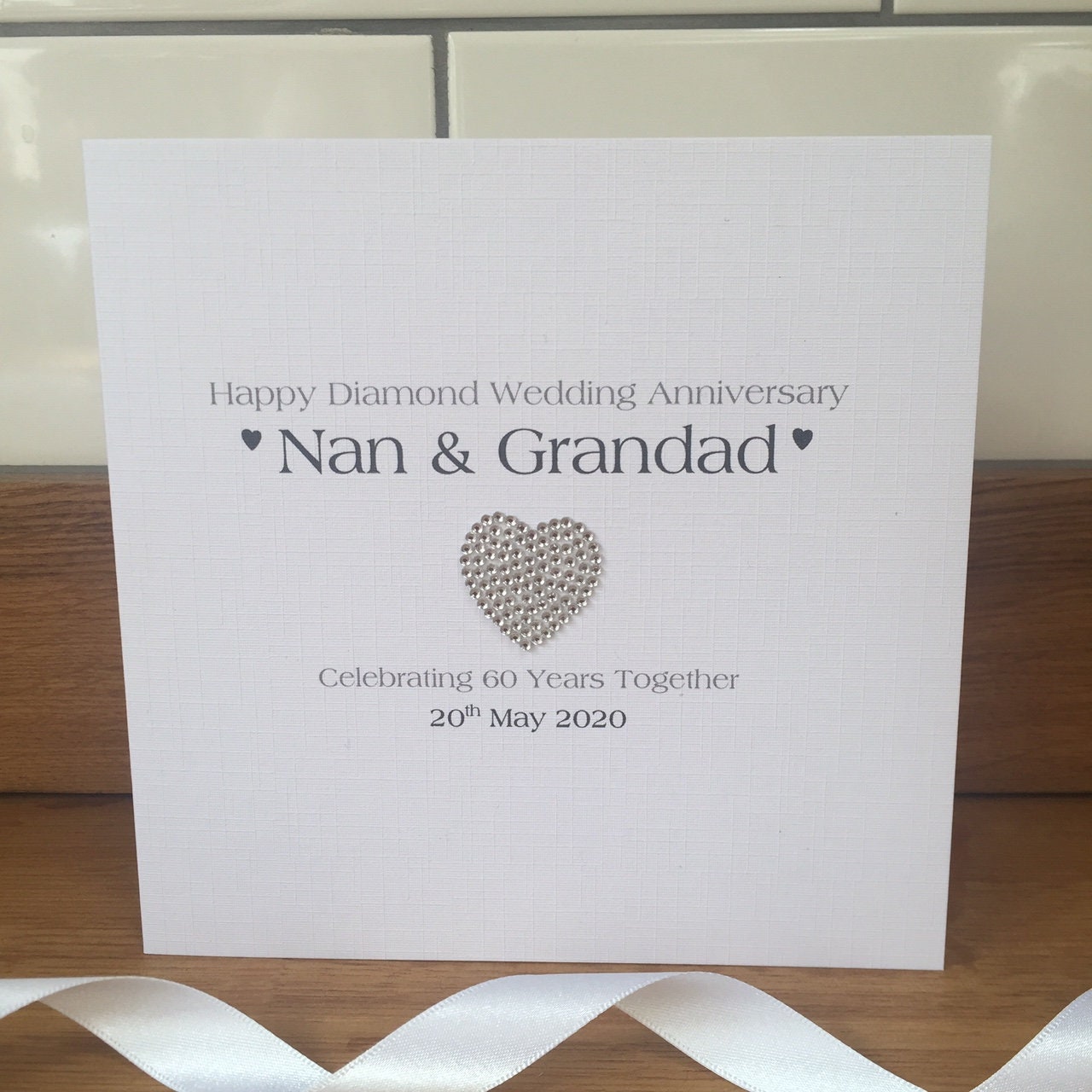 Personalised Diamond 60th or Platinum 70th Wedding Anniversary Card - Diamante Heart
