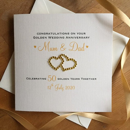Personalised Golden 50th Wedding Anniversary Card - Diamante Double Hearts